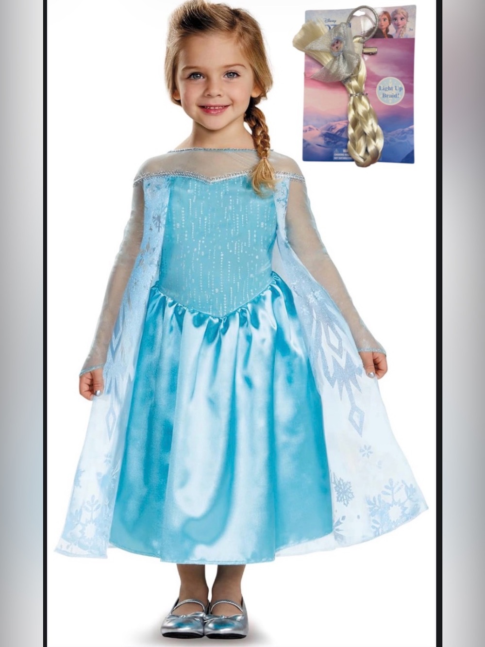 ELSA Toddler Classic PRINCESS COSTUME MED (3T-4T) 2Pc Set + LIGHT UP BRAID NWT